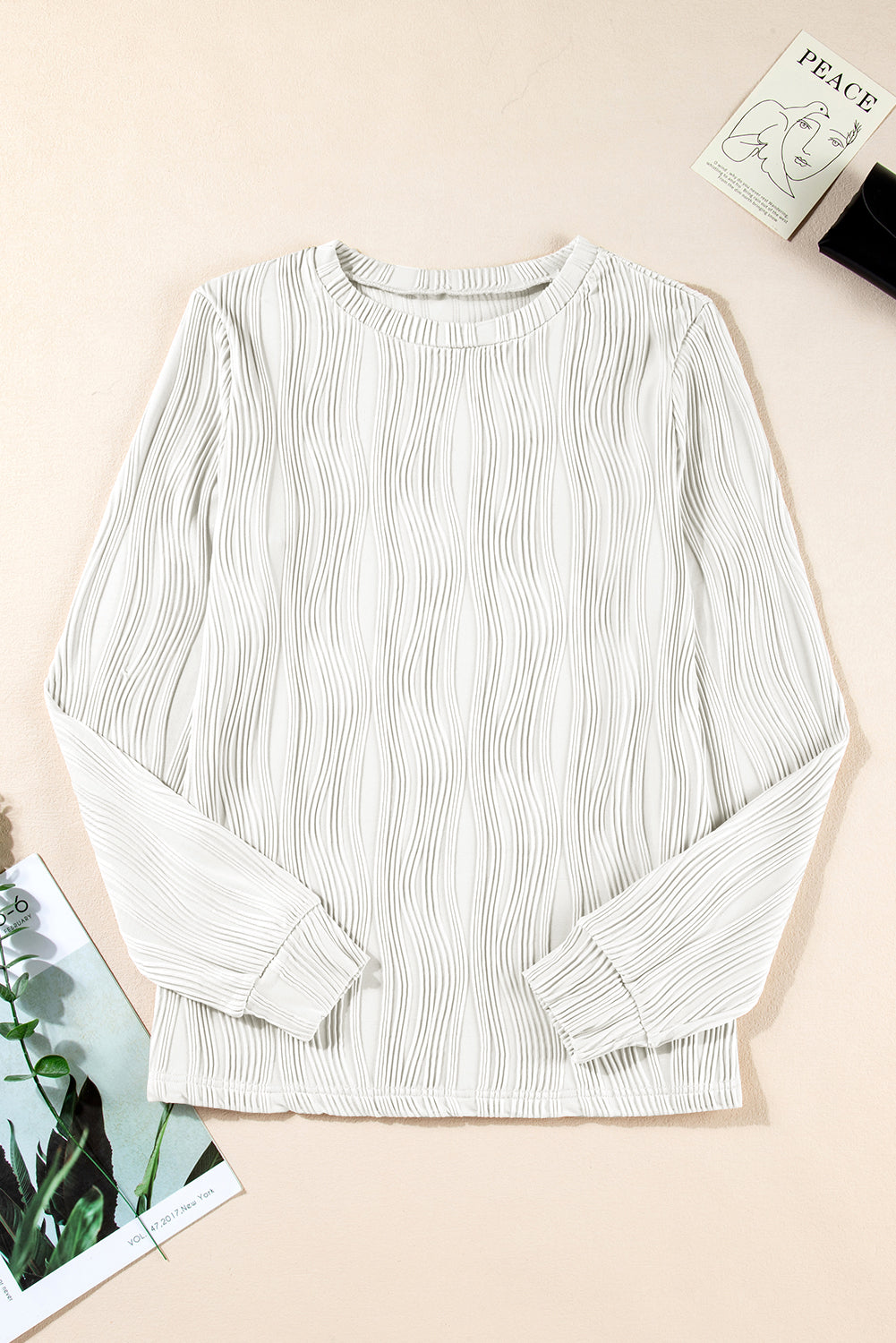 Textured Wavy Round Neck Long Sleeve Top | White