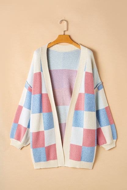 Checkered Drop Shoulder Exposed Seam Open Front Cardigan | Light Blue