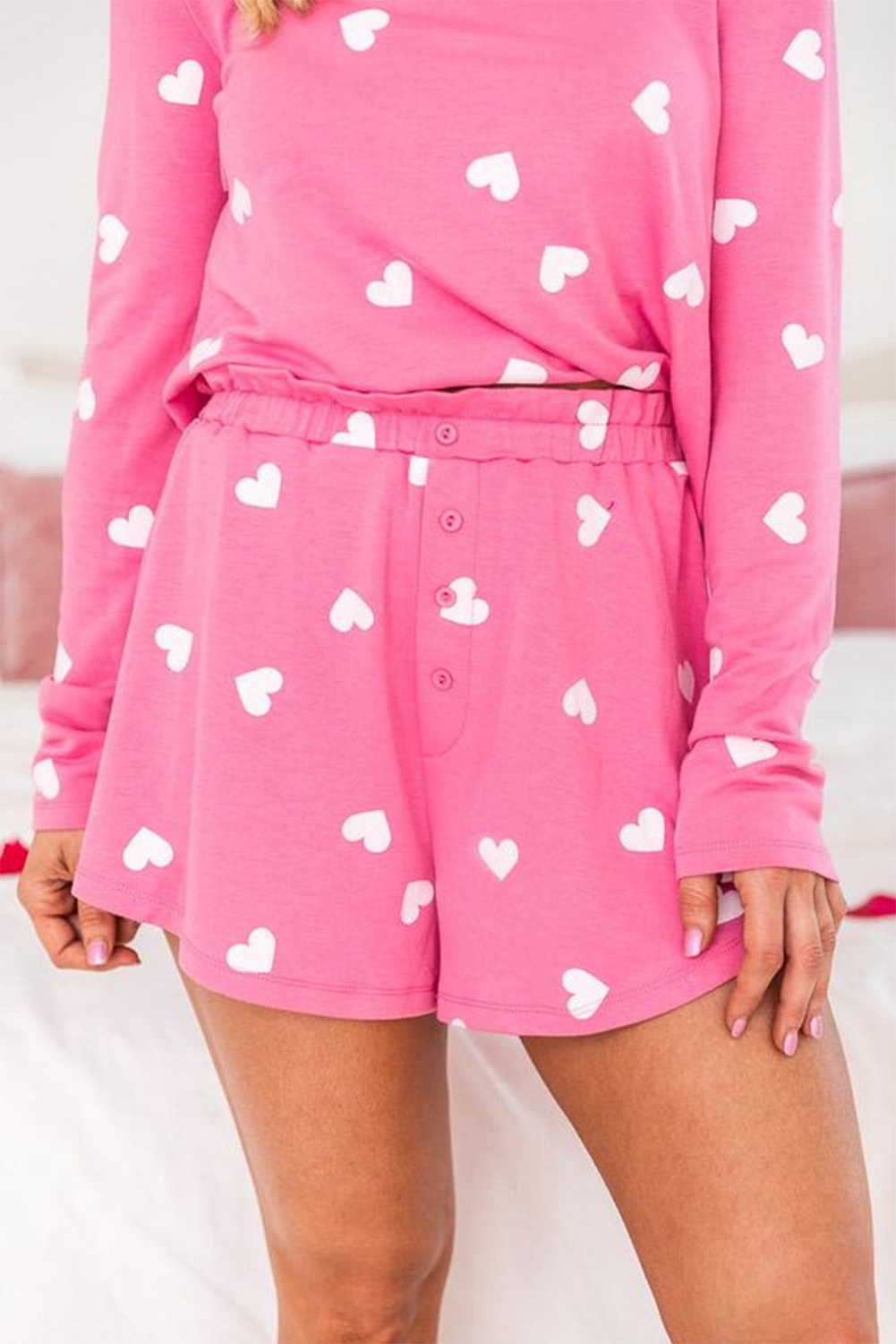 Valentine Heart Print Long Sleeve Tee And Shorts Lounge Set | Pink