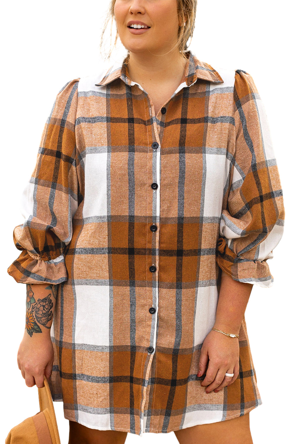 Plus Size Plaid Flounce Sleeve Button Up Shirt Dress | Khaki