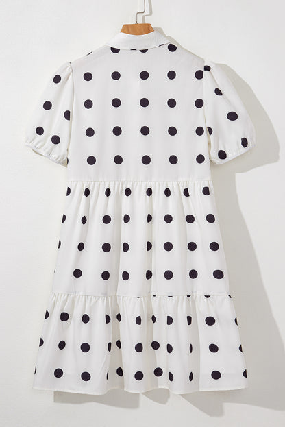 Polka Dot Print Short Sleeve Collar Buttoned Tiered Babydoll Dress | White