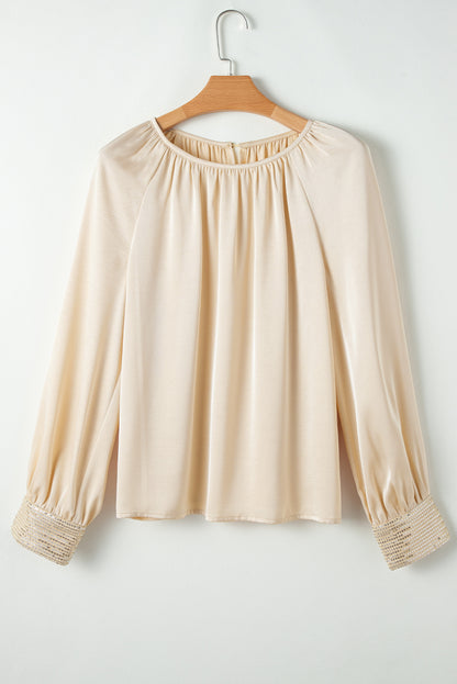 Sequin Cuffs Bubble Sleeve Blouse | Apricot