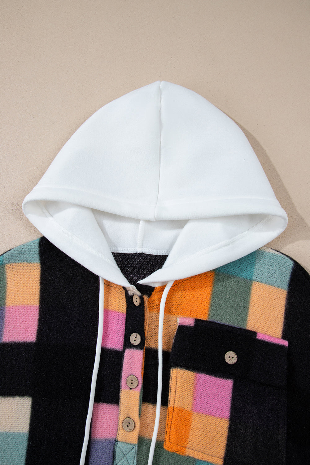 Plaid Colour Block Flap Pocket Buttoned Hoodie | Multicolour