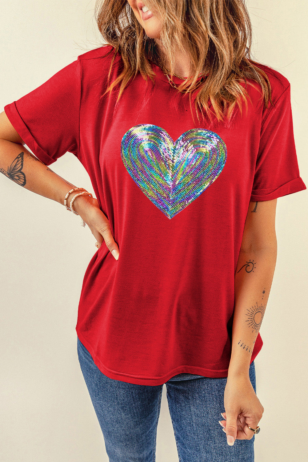 Rainbow Sequin Heart Shape Crew Neck T Shirt | Red