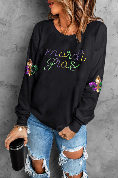 Ceramic Rhinestone Mardi Gras Letter Graphic Sweatshirt | Black