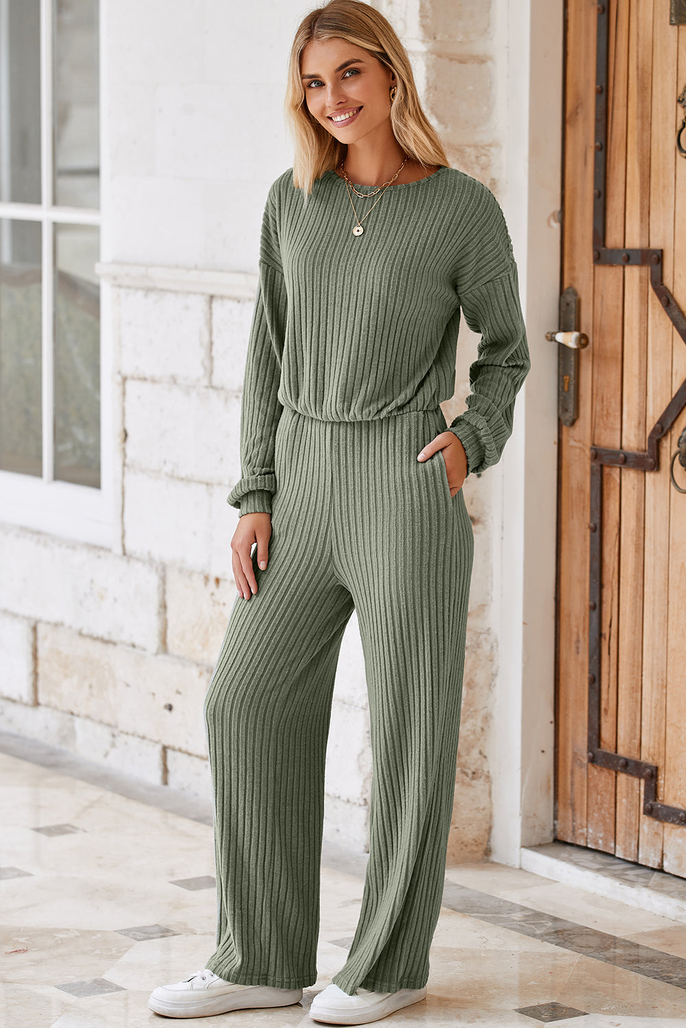 Solid Ribbed Knit Keyhole Back High Waist Jumpsuit | Laurel Green