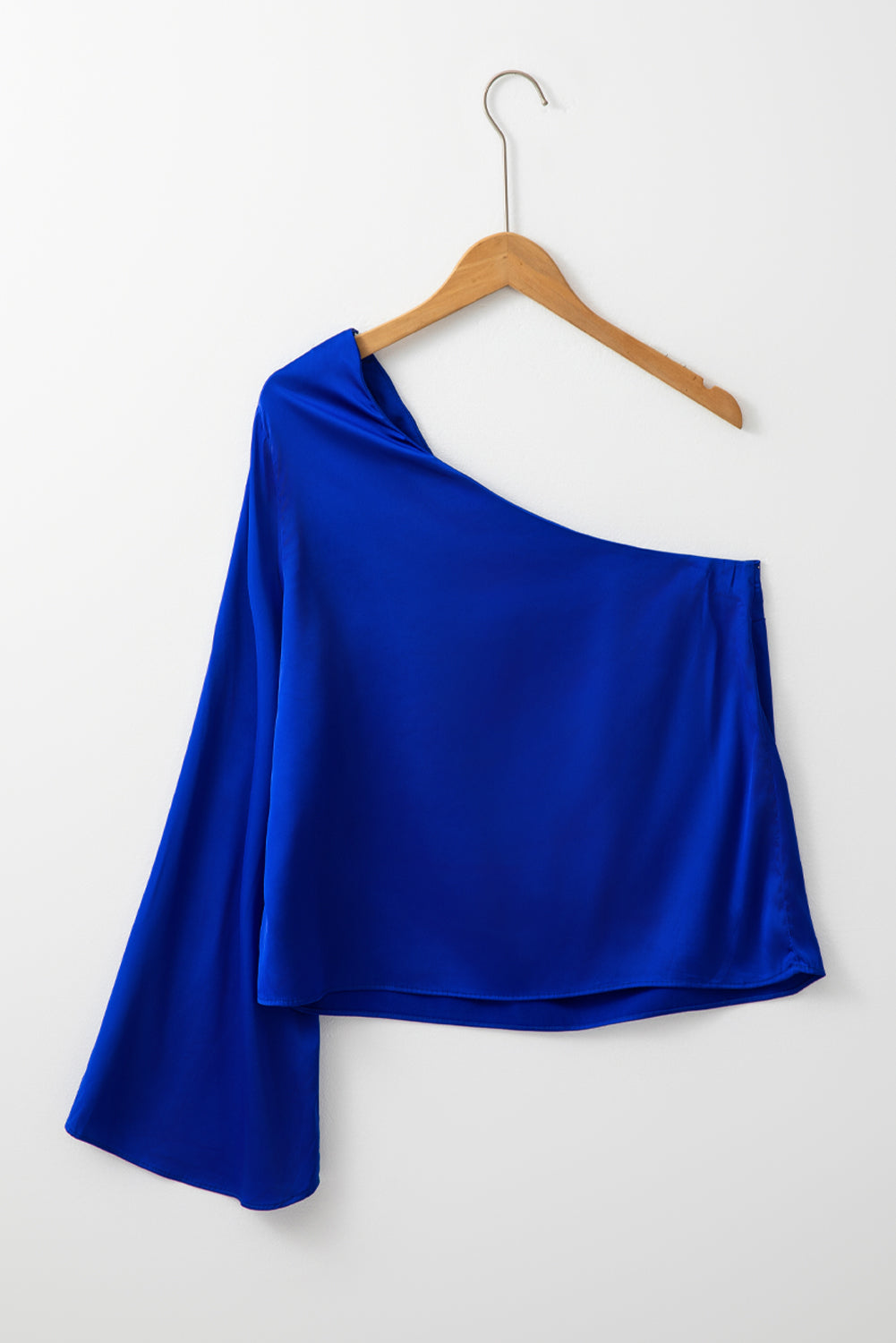 Asymmetric One Shoulder Bell Sleeve Satin Blouse | Dark Blue