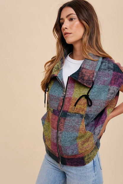 Plaid Print Side Pockets Zipped Loose Vest | Multicolour