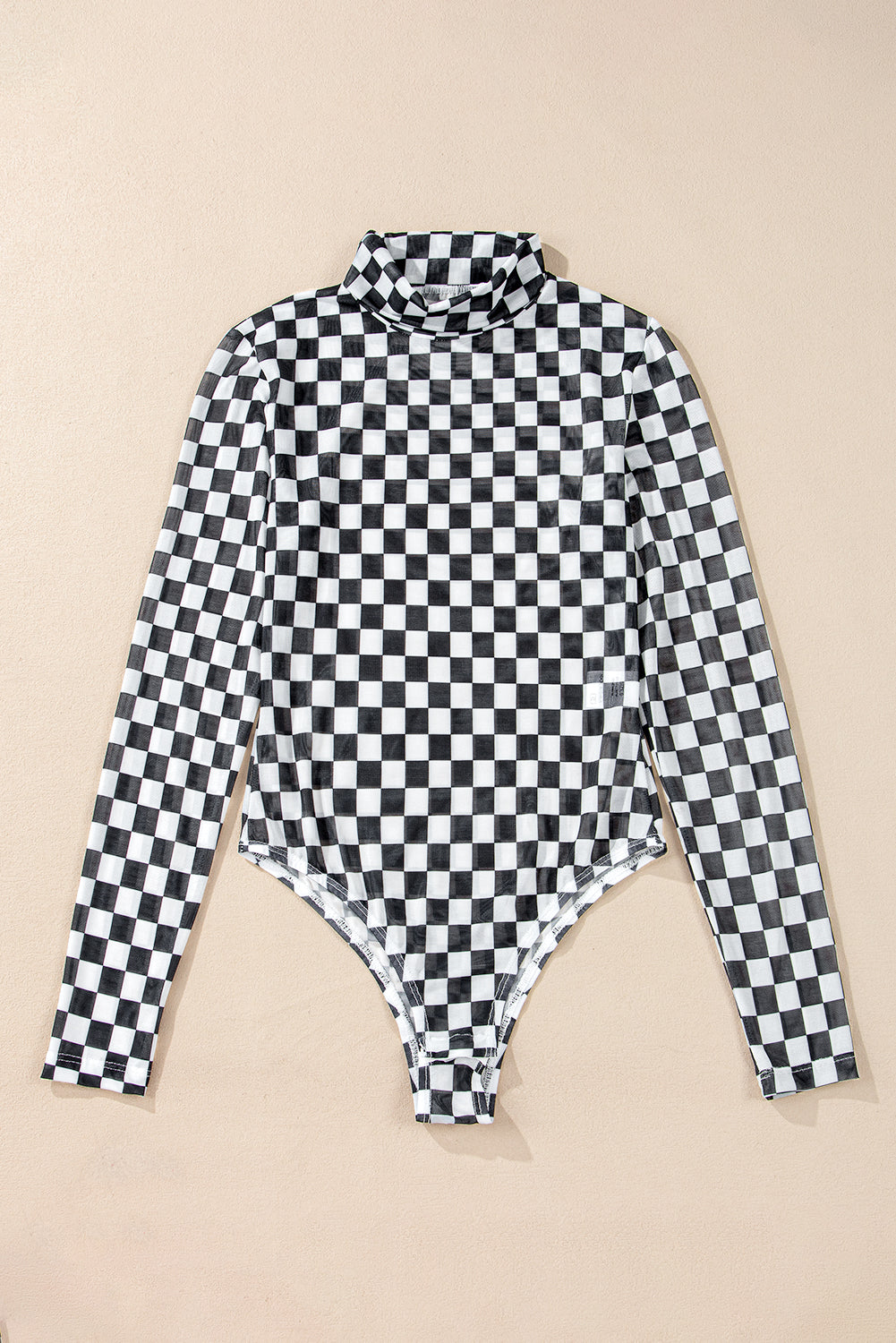 Checkered Printed Long Sleeve High Neck Bodysuit | Black