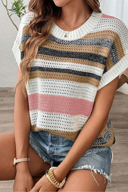 Colour Block Eyelet Knit Short Sleeve Sweater Tee | Pink Stripe