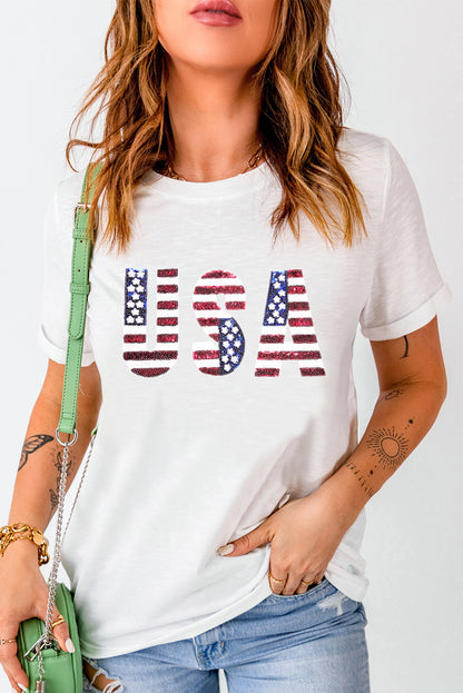 Usa Flag Sequin Patched Round Neck T Shirt | White