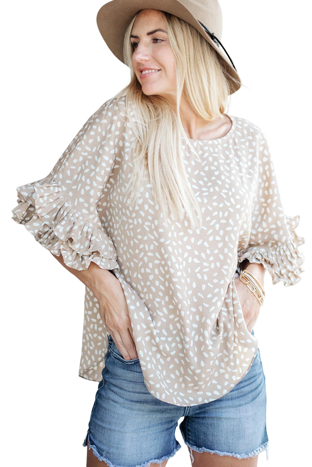 Dolman Ruffled Sleeve Loose Blouse | Khaki