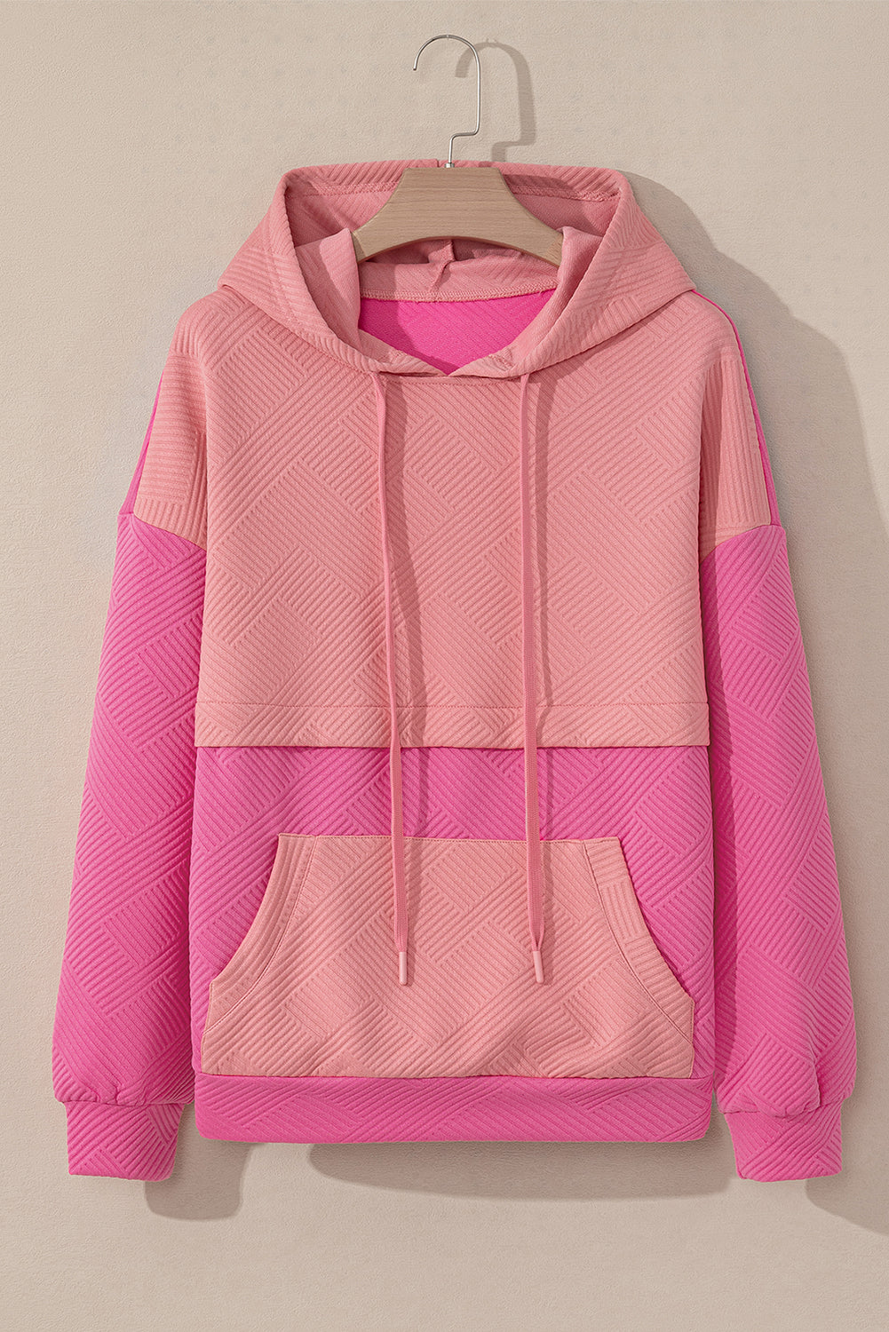 Textured Colour Block Kangaroo Pocket Drop Shoulder Hoodie | Pink