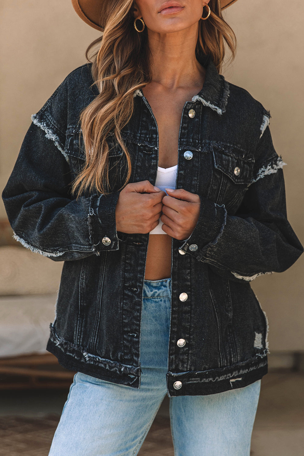 Flap Pocket Distressed Button-Up Denim Jacket | Black