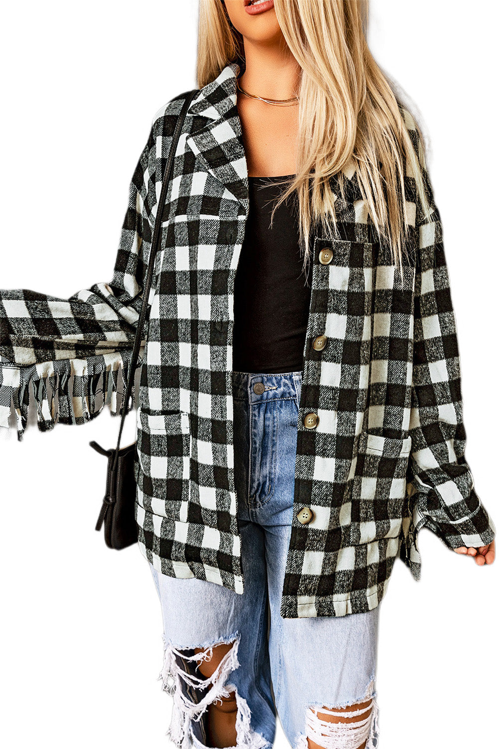 Fringed Plaid Print Shacket | Black