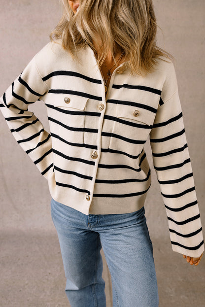 Flap Pocket Buttoned Cardigan Sweater | Black Stripe