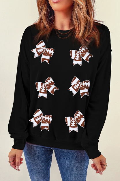 Rugby Football Bowknot Patched Crew Neck Game Day Sweatshirt | Black