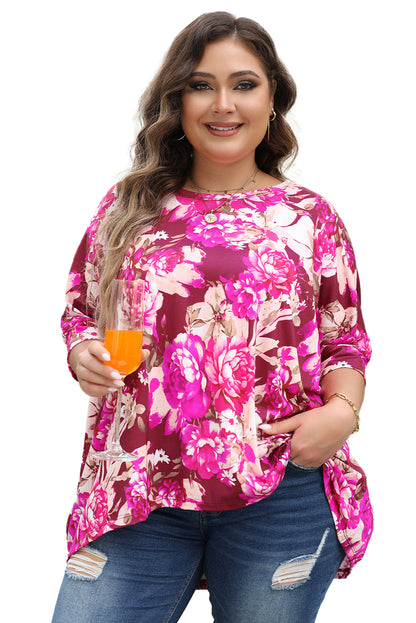 Floral Print Short Sleeve Plus Size Blouse | Red