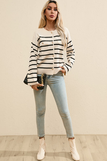 Flap Pocket Buttoned Cardigan Sweater | Black Stripe