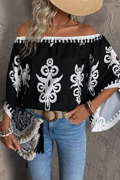 Tribal Printed Off Shoulder Loose Sleeve Blouse | Black