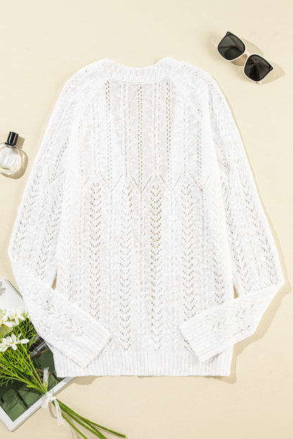 Solid Open Knit Cardigan | White