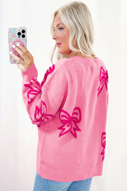 Bow Pattern Drop Shoulder Loose Sweater | Pink