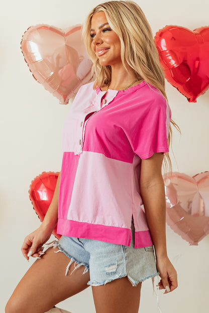 Two Tone Half Buttons Collared T Shirt | Pink