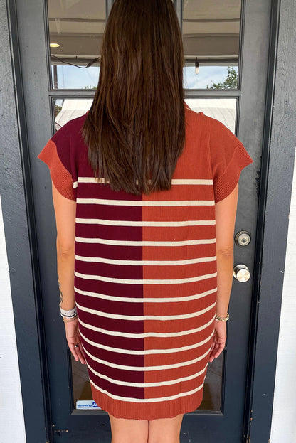 Colour Block Quarter Zip Collar Short Sleeve Sweater Dress | Brown Stripe