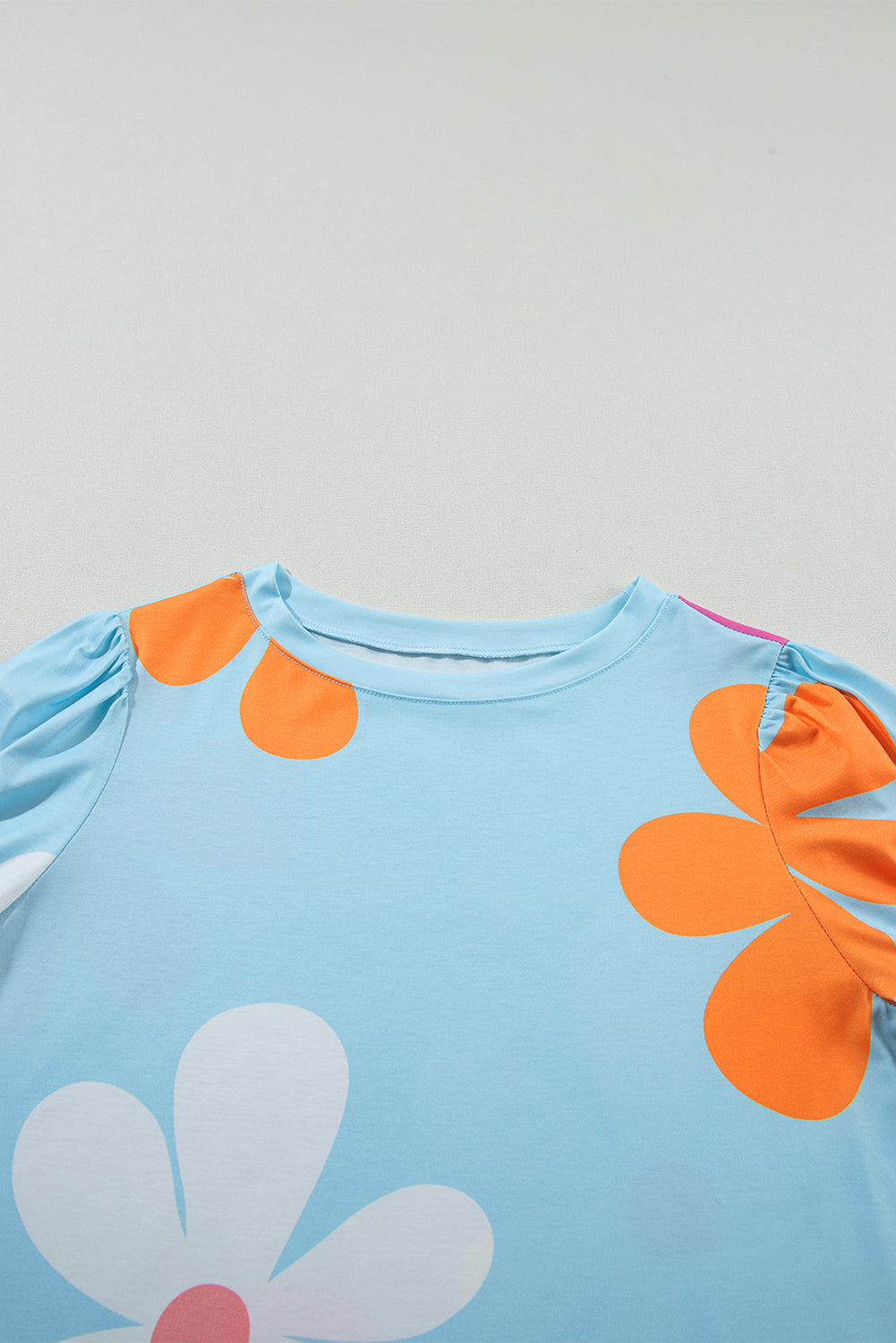 Flower Print Bubble Sleeve Tee | Sky Blue