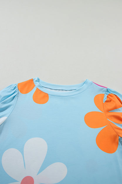 Flower Print Bubble Sleeve Tee | Sky Blue