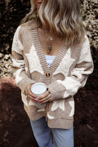 Sherpa Star Pattern Textured Sweater Cardigan With Pockets | Khaki