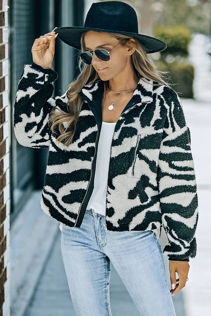 Zebra Teddy Zip-Up High Neck Jacket | Black