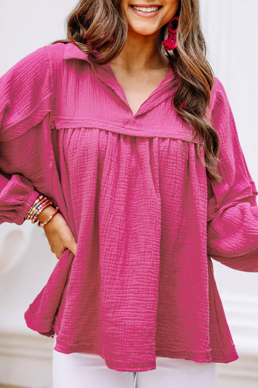 Crinkle Collared V-Neck Bubble Sleeve Flowy Blouse | Rose