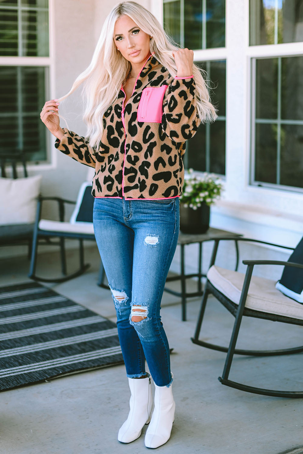 Colourblock Pocket Zipper Fuzzy Fleece Jacket | Leopard