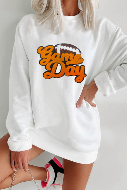 Chenille Game Day Rugby Football Pattern Pullover Sweatshirt | White