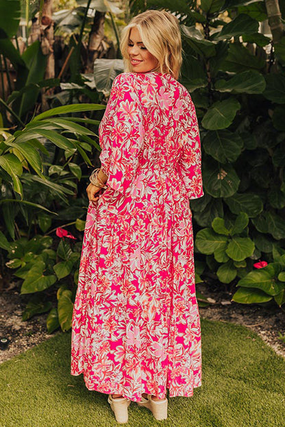 Plus Size Floral V Neck Wide Sleeve Maxi Dress | Rose