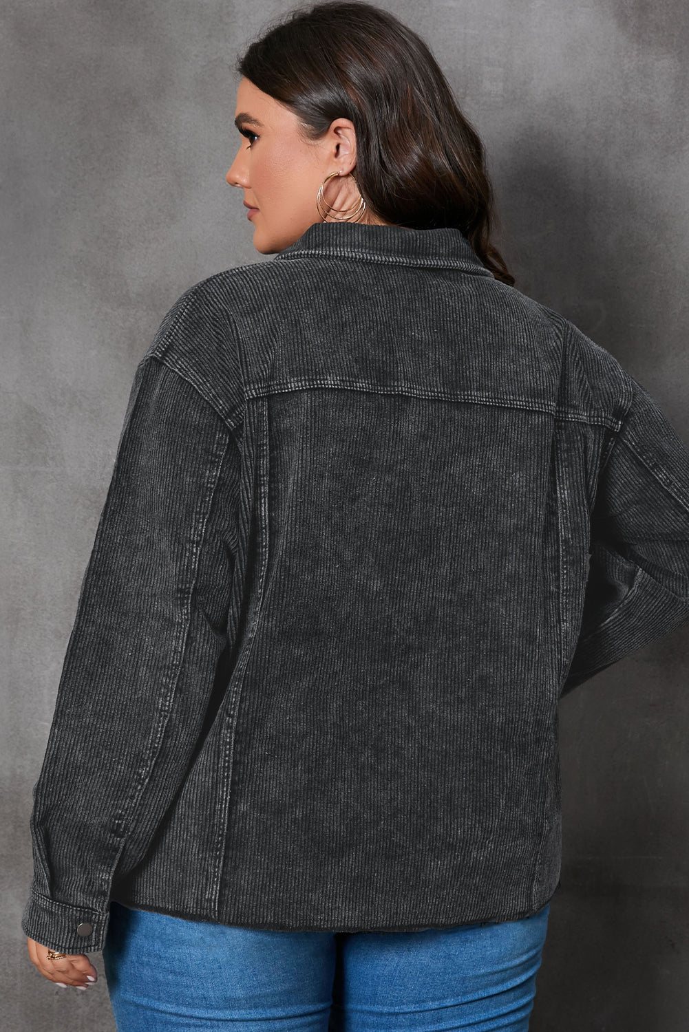 Plus Size Flap Pocket Raw Edge Corduroy Jacket | Gray