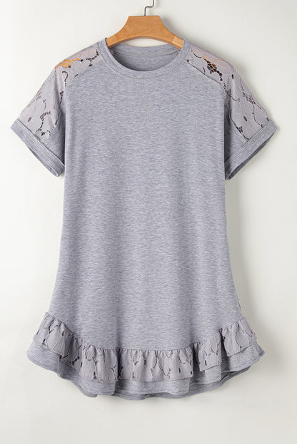 Lace Floral Patchwork Ruffled T-Shirt Dress | Light Grey