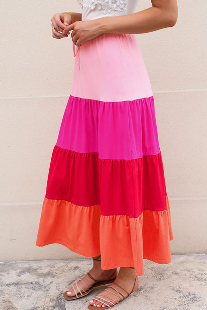 Colour Block Tiered Drawstring High Waist Maxi Skirt | Pink