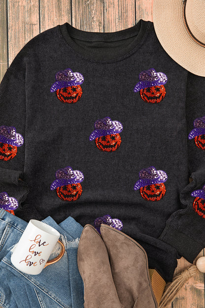 Sequined Halloween Pumpkin Ribbed Oversized Sweatshirt | Black