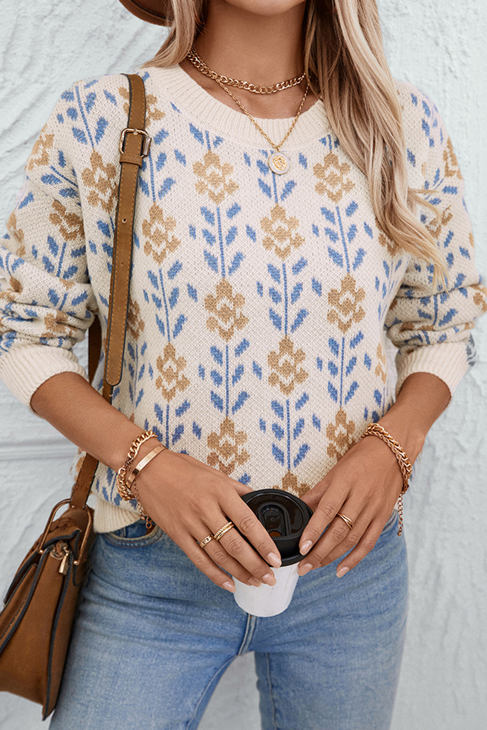 Floral Pattern Crew Neck Sweater | Apricot