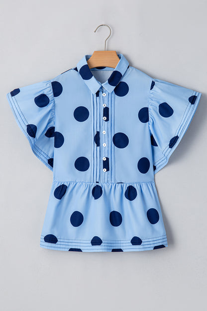 Polka Dot Print Ruffled Short Sleeve Buttoned Collared Blouse | Sky Blue