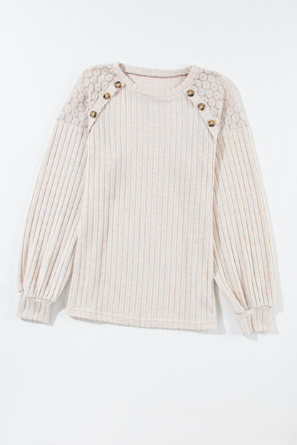 Contrast Lace Raglan Sleeve Buttoned Ribbed Top | Parchment