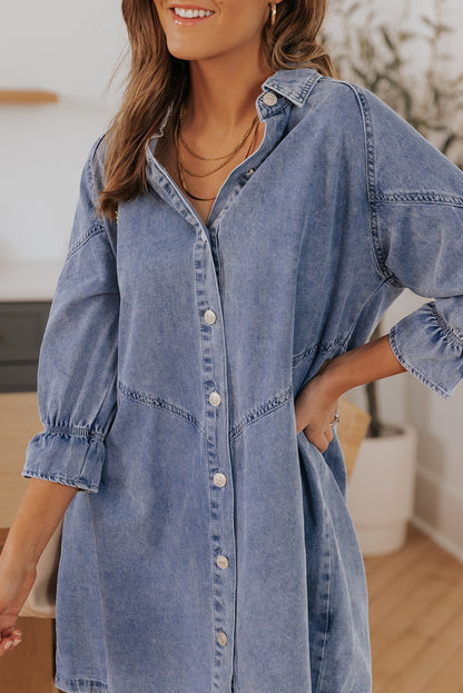 Buttoned Long Sleeve Denim Mini Dress | Sky Blue