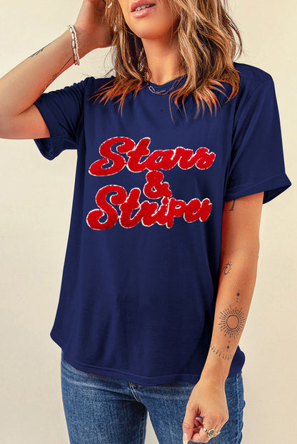 Chenille Stars & Stripes Patched Graphic T Shirt | Blue