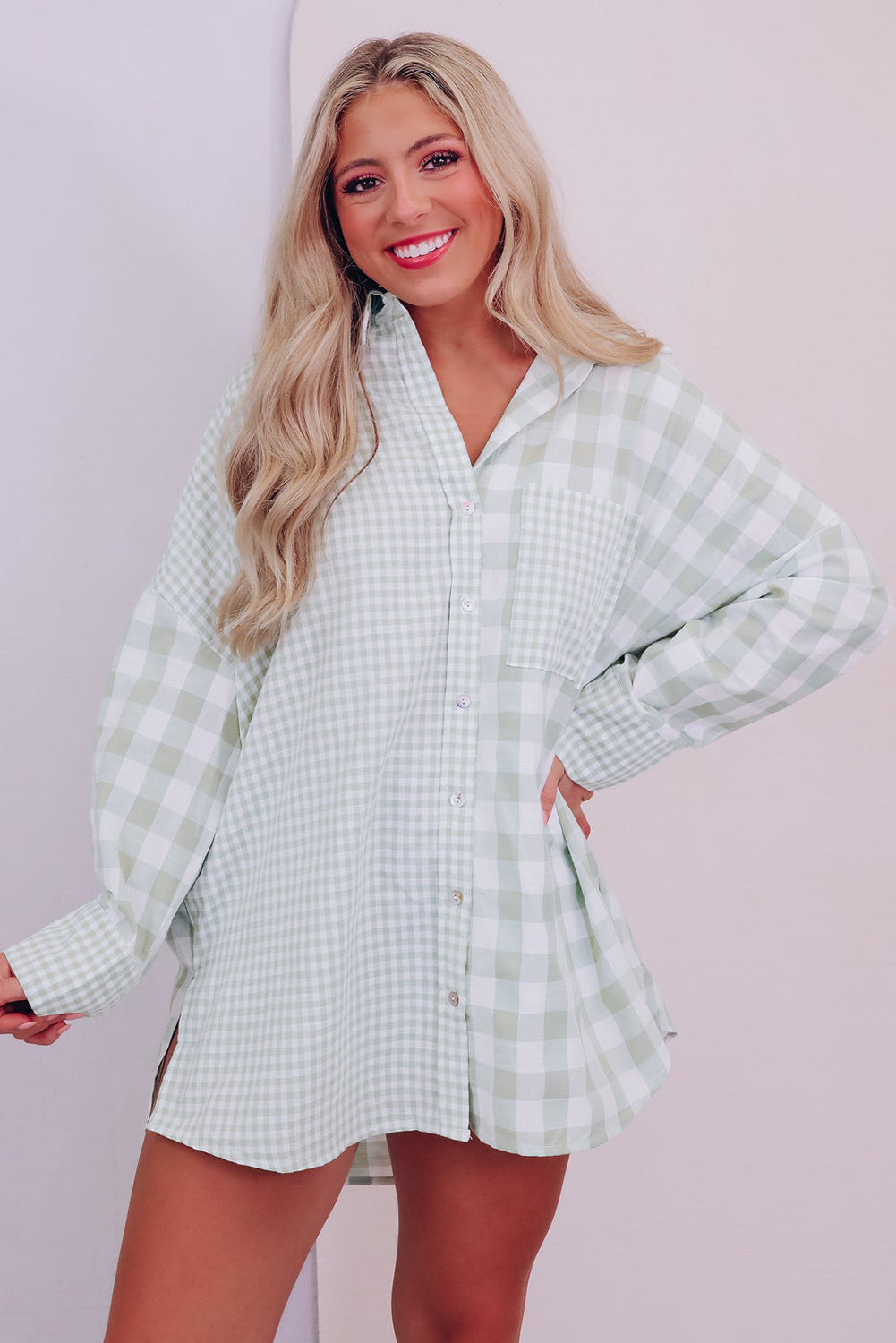 Mix Checked Patchwork Long Sleeve Shirt | Green