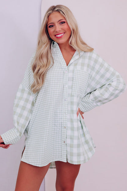 Mix Checked Patchwork Long Sleeve Shirt | Green