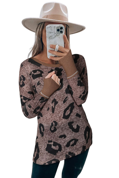 Leopard Spling Thumbhole Long Sleeve Top | Brown