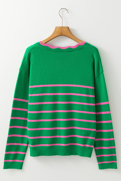 Ribbon Cute Bow Detail Sweater Knit Cardigan | Green Stripe