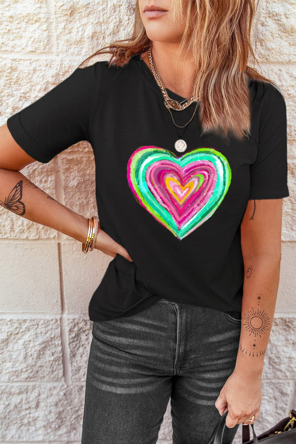 Valentine Heart Shaped Print Crew Neck T Shirt | Black